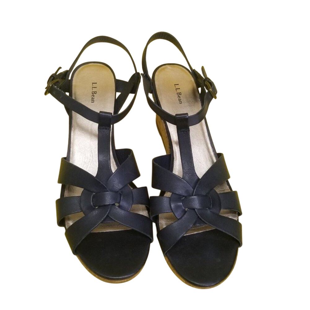 L.L. Bean Womens 10 M Black Leather Sandals Wedge Heel Strappy Comfort Shoes
